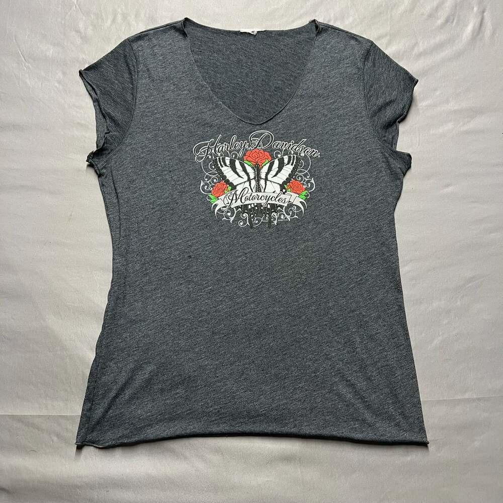 Harley Davidson Butterfly Rose Graphic V-Neck T-Shirt Gray